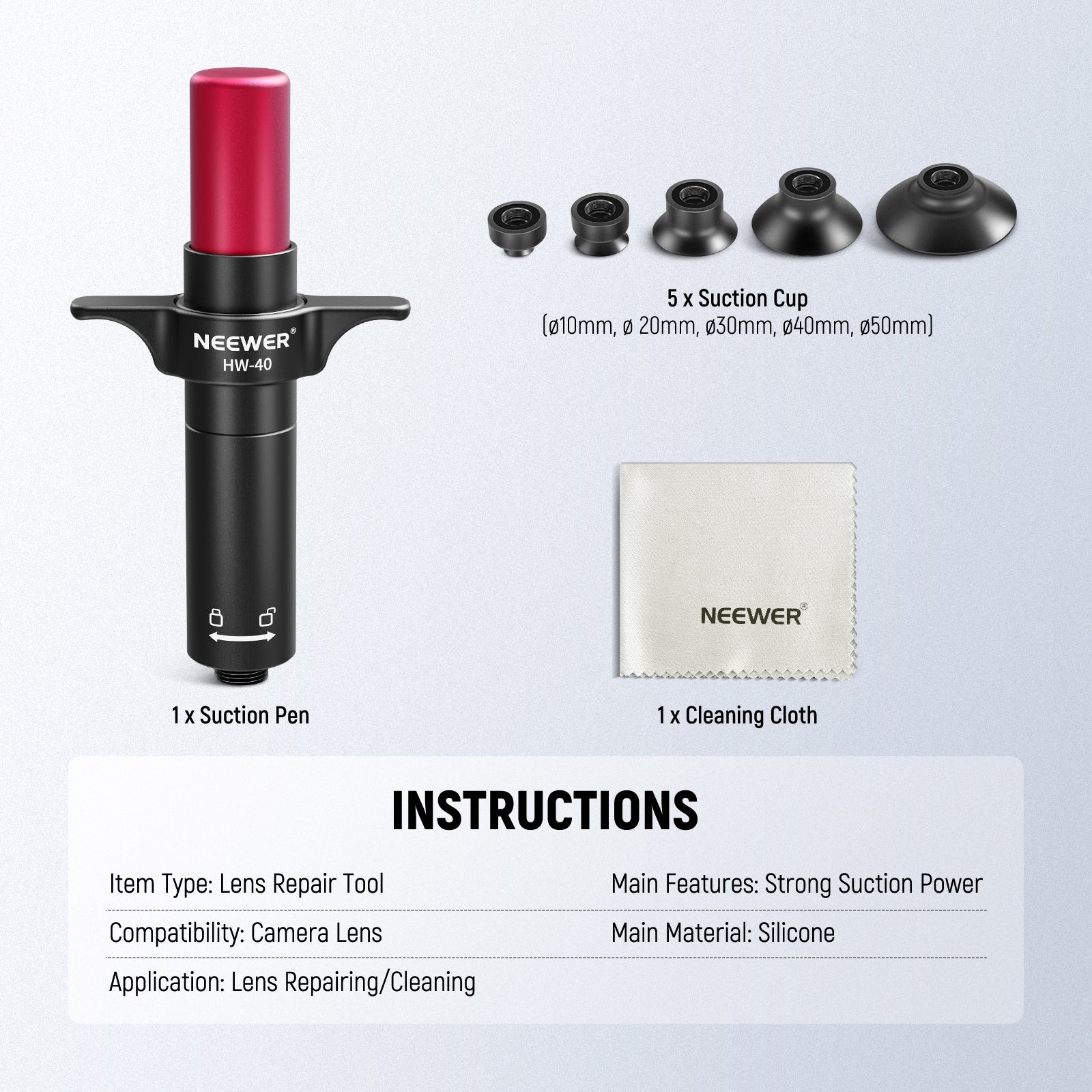 Product details of the NEEWER HW-40 6 in 1 Lens Sucker Kit