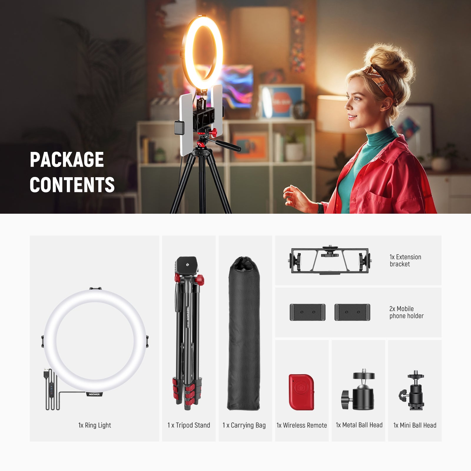 Package Contents of the NEEWER R08 LED Ring Light Kit