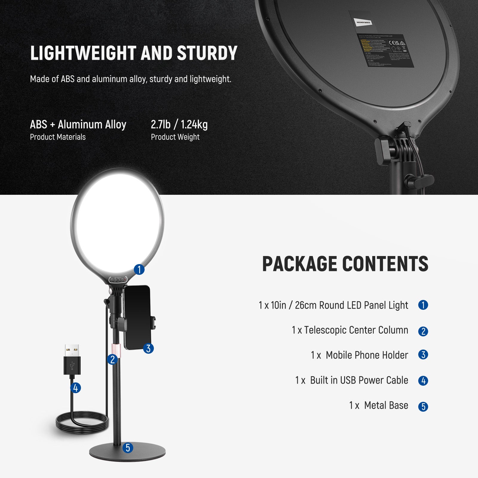 Package Contents of the NEEWER R10 Desk Ring Light