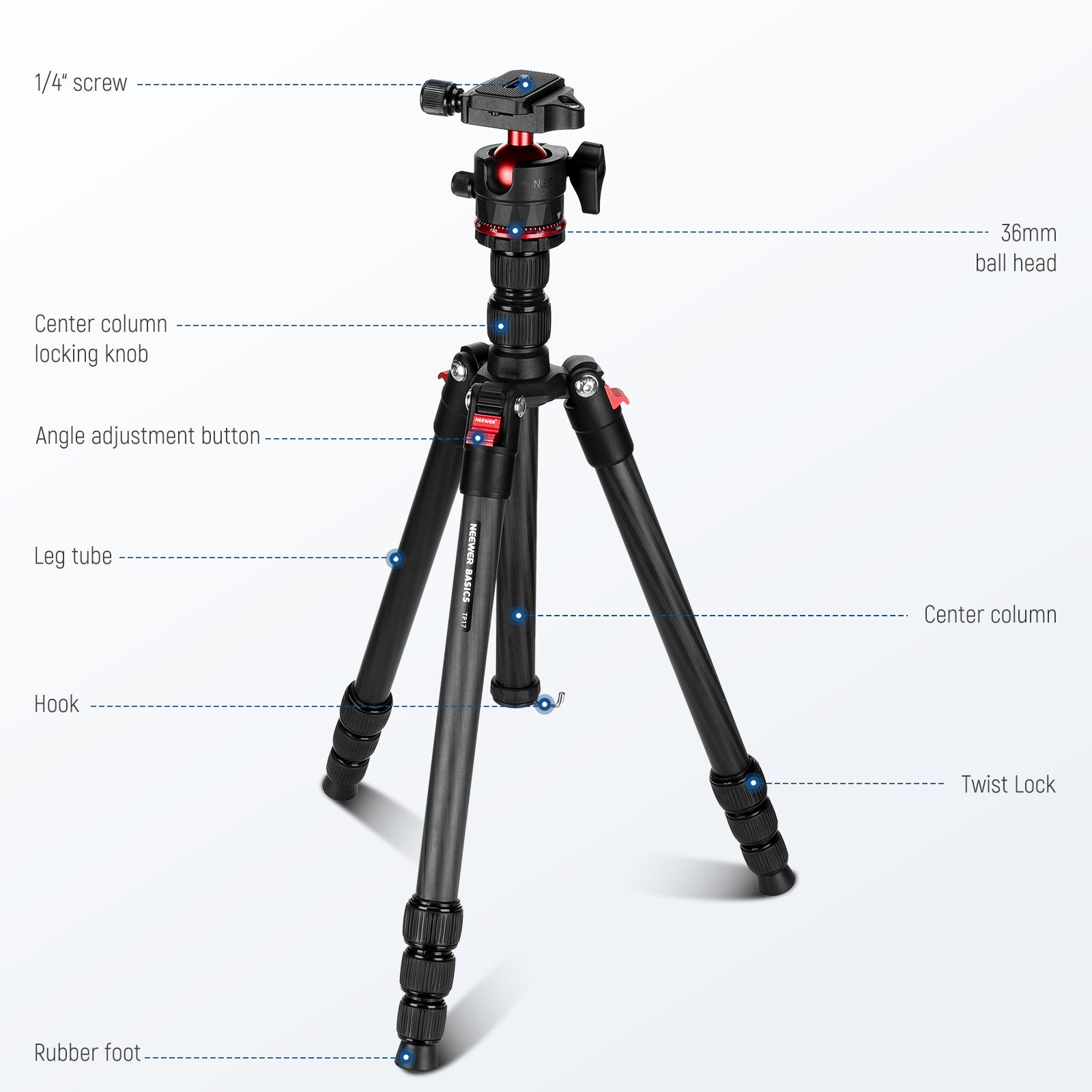 Product details of the NEEWER TP17 Carbon Fiber Travel Tripod
