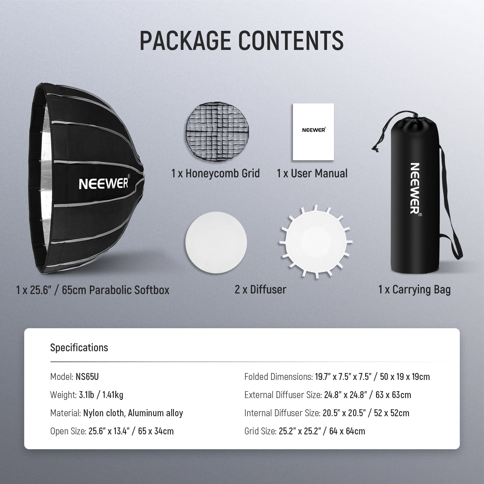 Package Contents of the NEEWER NS65U Hexadecagon Parabolic Softbox