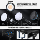 Bowens mount secures light modifiers like reflectors, softboxes, and beauty dishes.