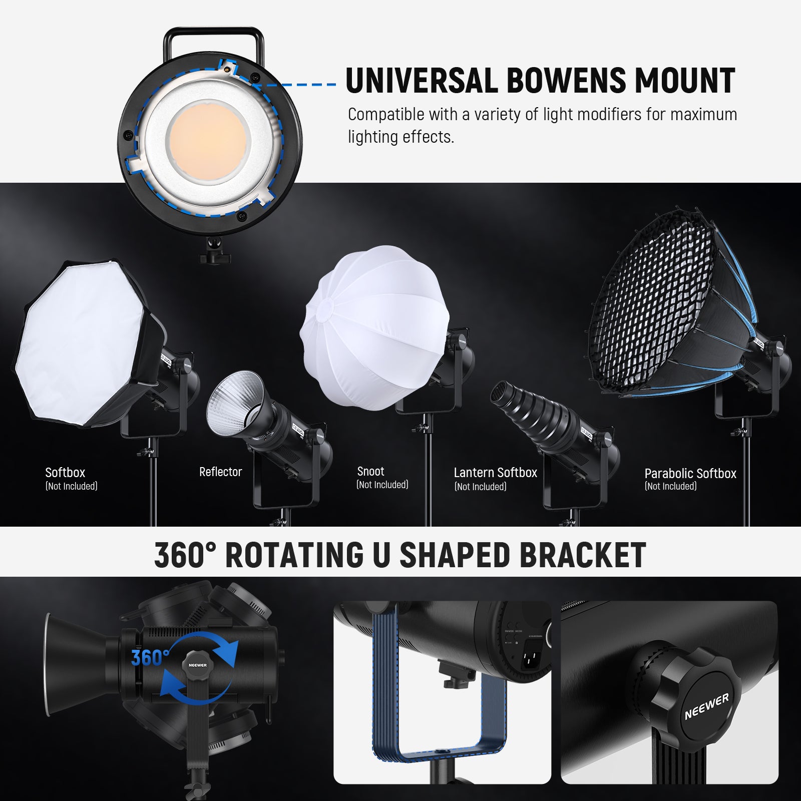 Bowens mount secures light modifiers like reflectors, softboxes, and beauty dishes.
