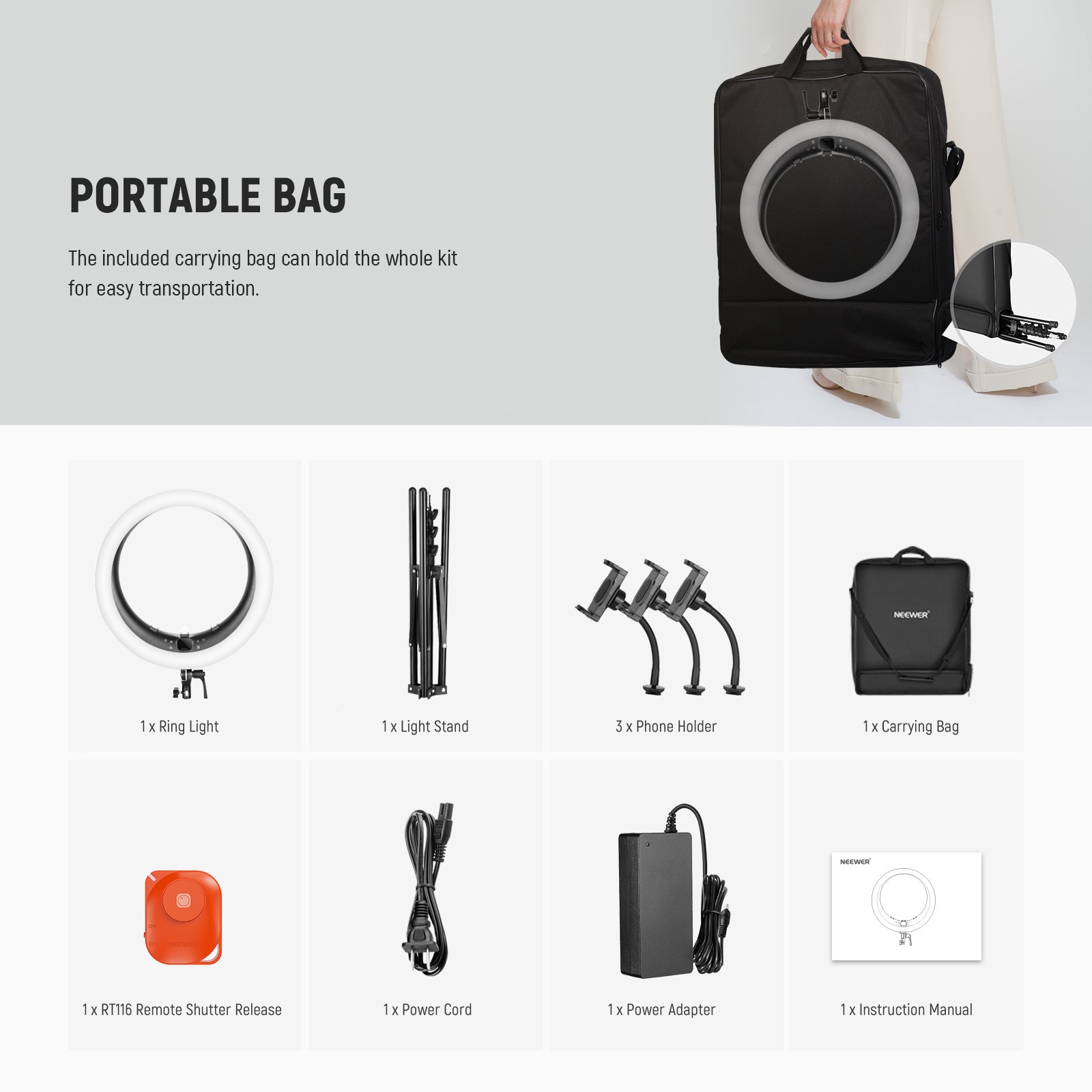 Package Contents of the NEEWER RP19C 19" RGB LED Ring Light