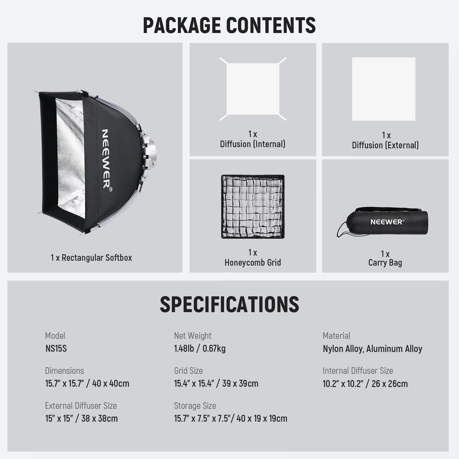 Package Contents and Specifications of the NEEWER NS15S Square Softbox