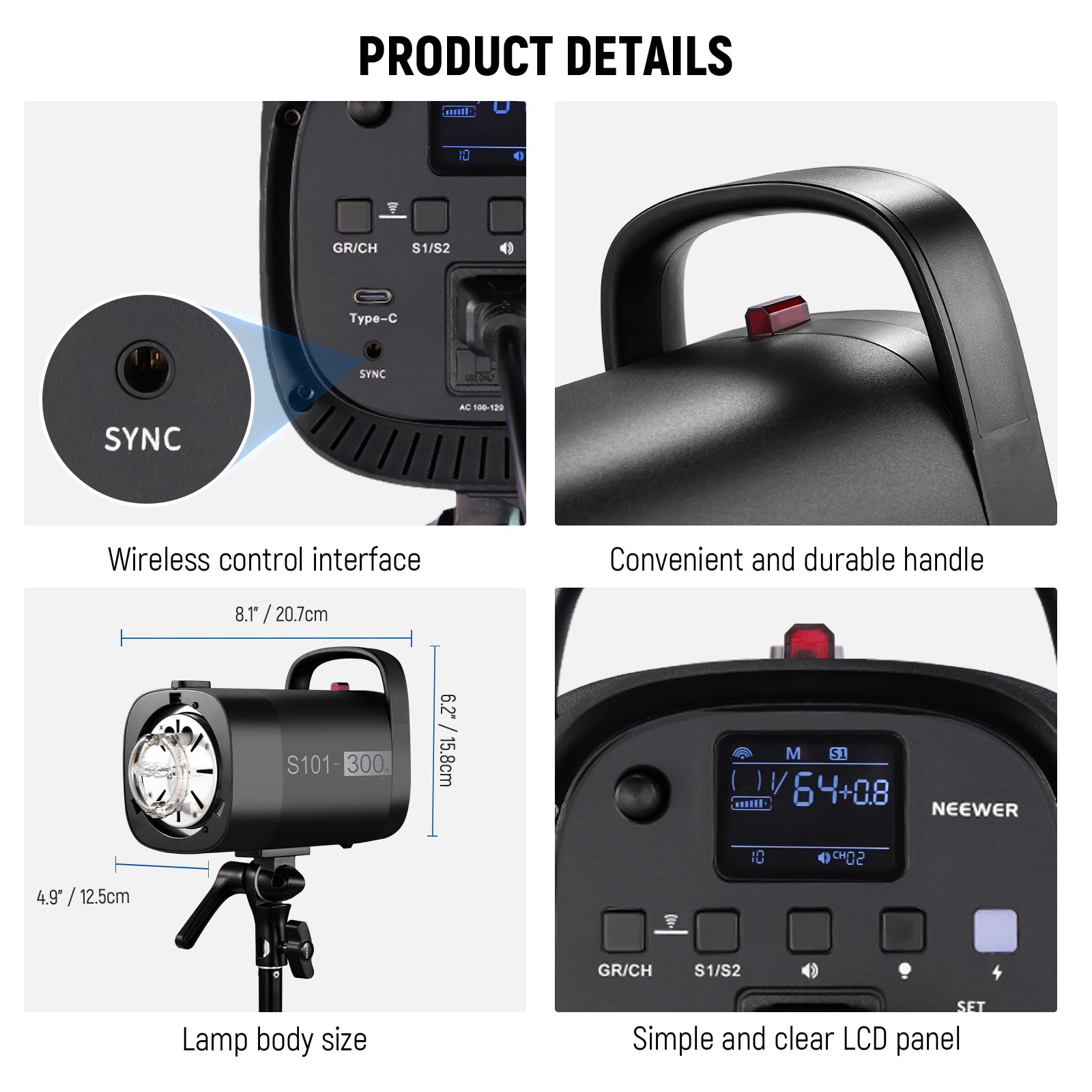 Product details of the NEEWER S101-300W PRO Strobe Flash for Photography