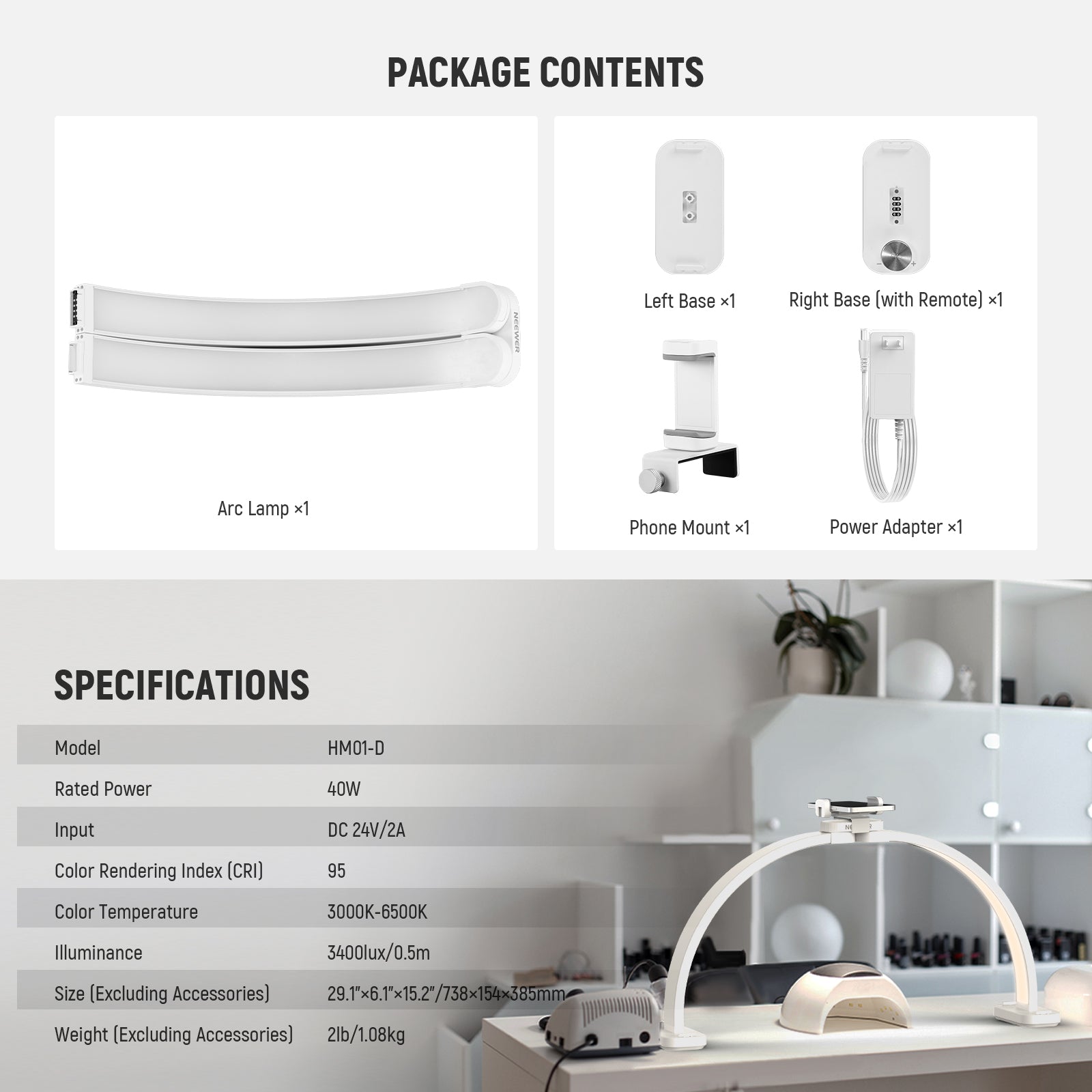 Package Contents of the NEEWER HM01-D LED Nail Tech Arc Lamp