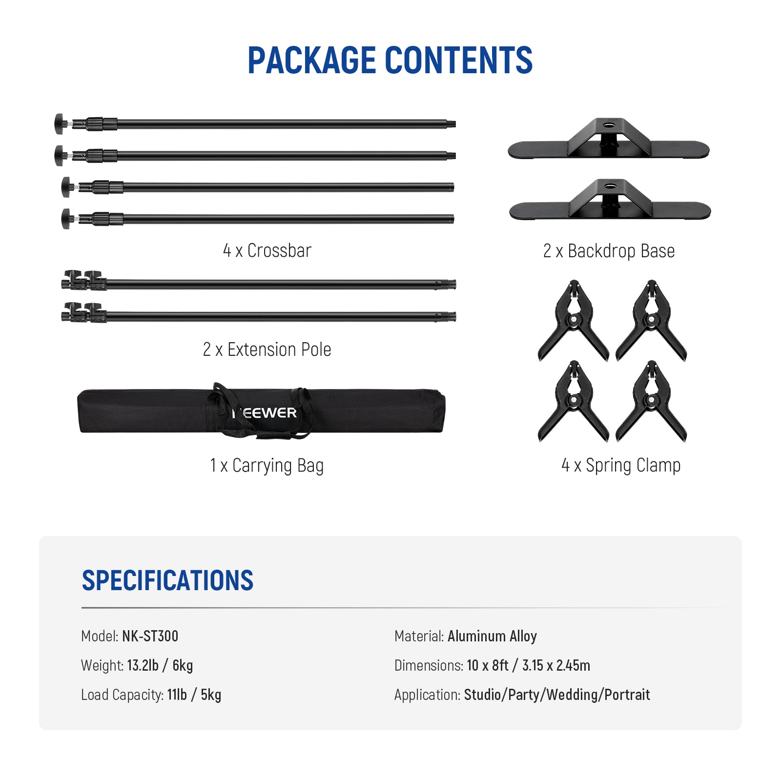 Package Contents of the NEEWER NK-ST300 10x8ft Heavy Duty Backdrop Stand