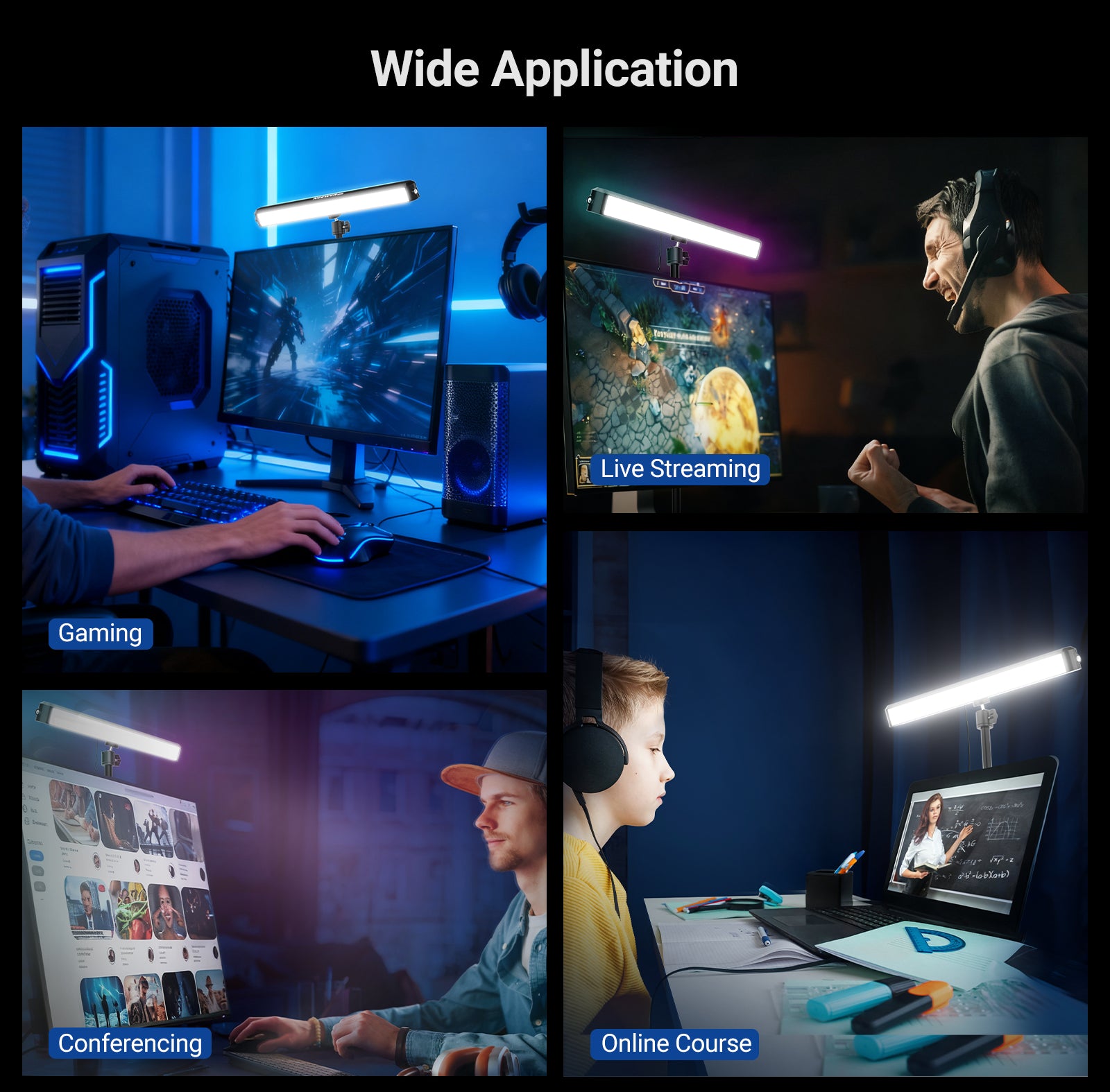 NEEWER NG01 RGB LED Dual Sided Key Light is used for gaming, live streaming, conferencing, and online courses.