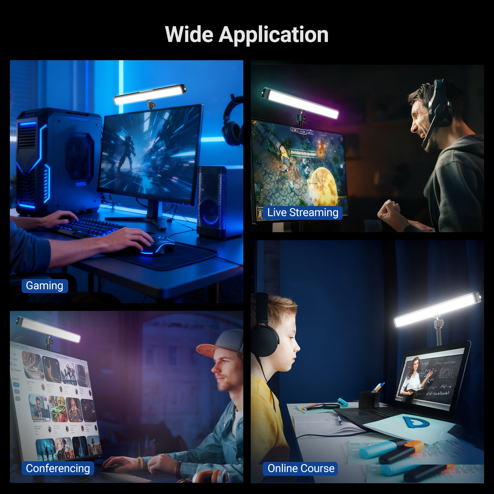 NEEWER NG01 RGB LED Dual Sided Key Light is used for gaming, live streaming, conferencing, and online courses.