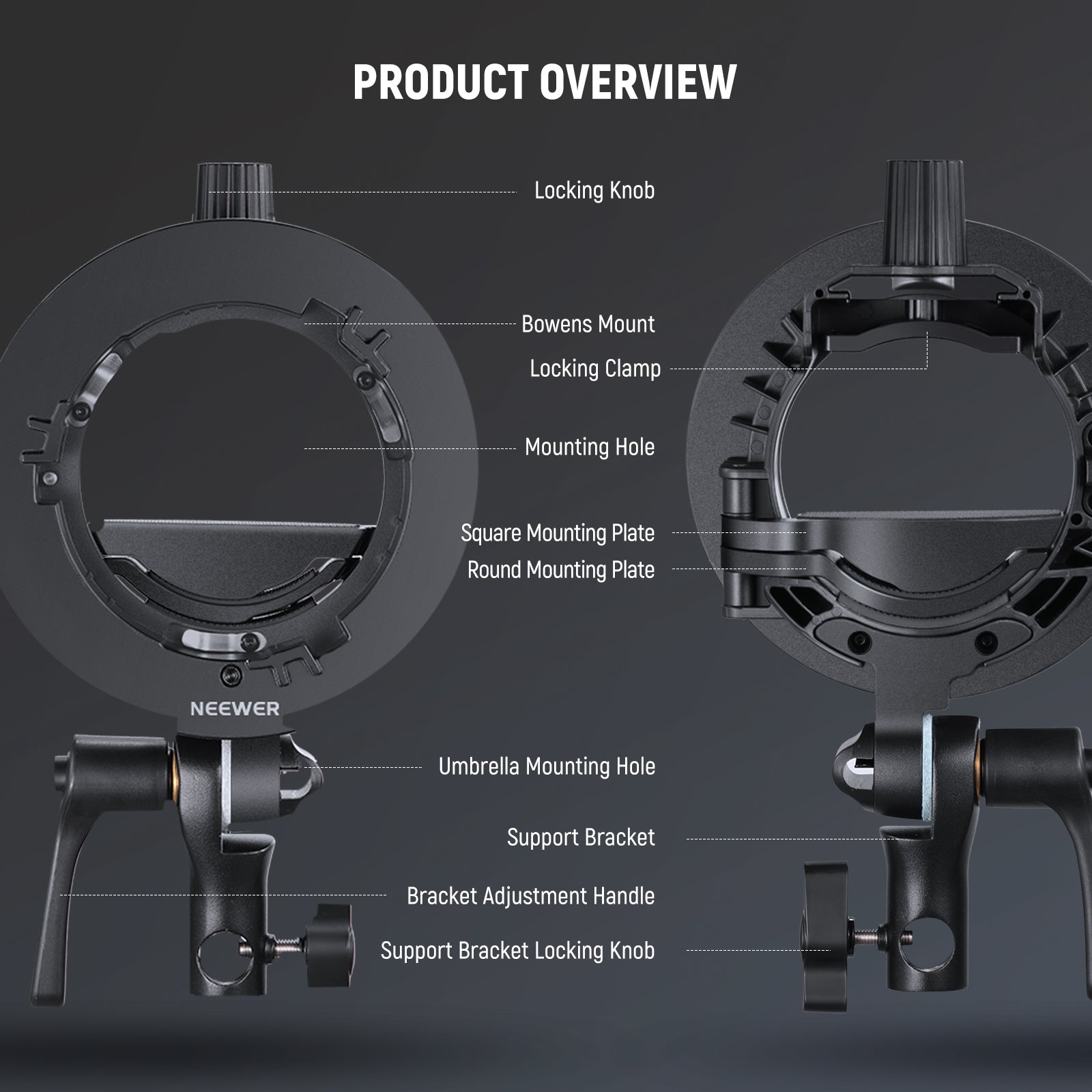 Product detail of the NEEWER CRB1 S Type Flash Bracket with Bowens Mount