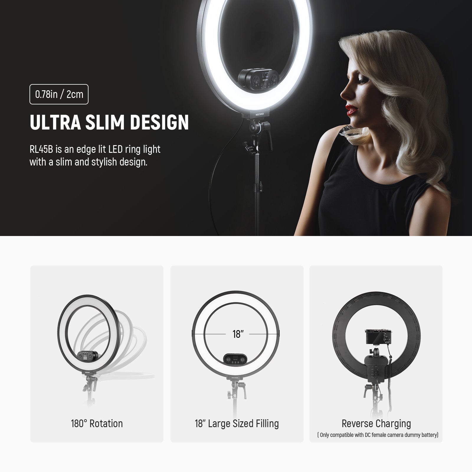 NEEWER RL45B Ring Light features ultra slim design.