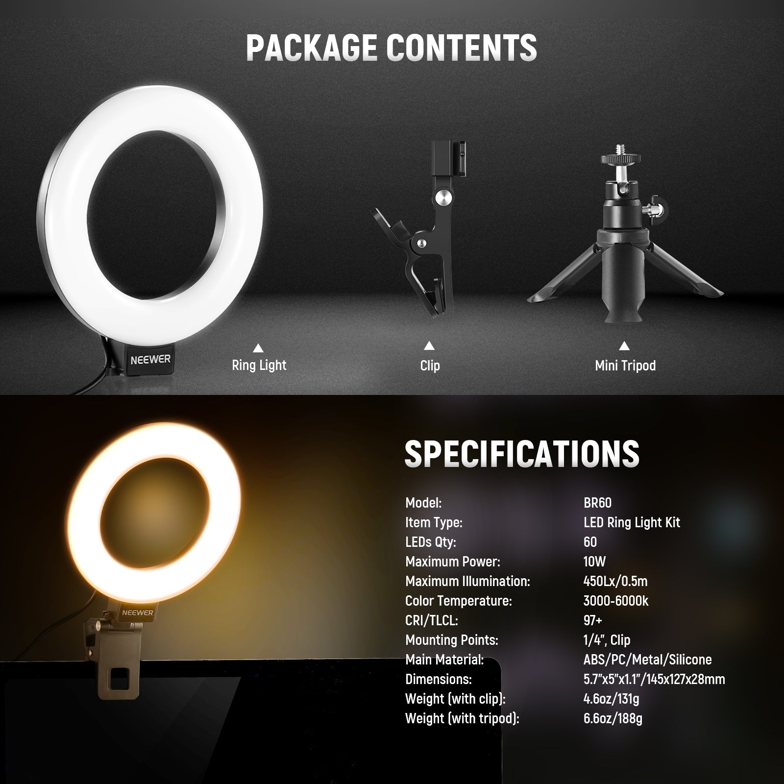 Package Contents of the NEEWER BR60 5" Bi-color Mini Ring Light
