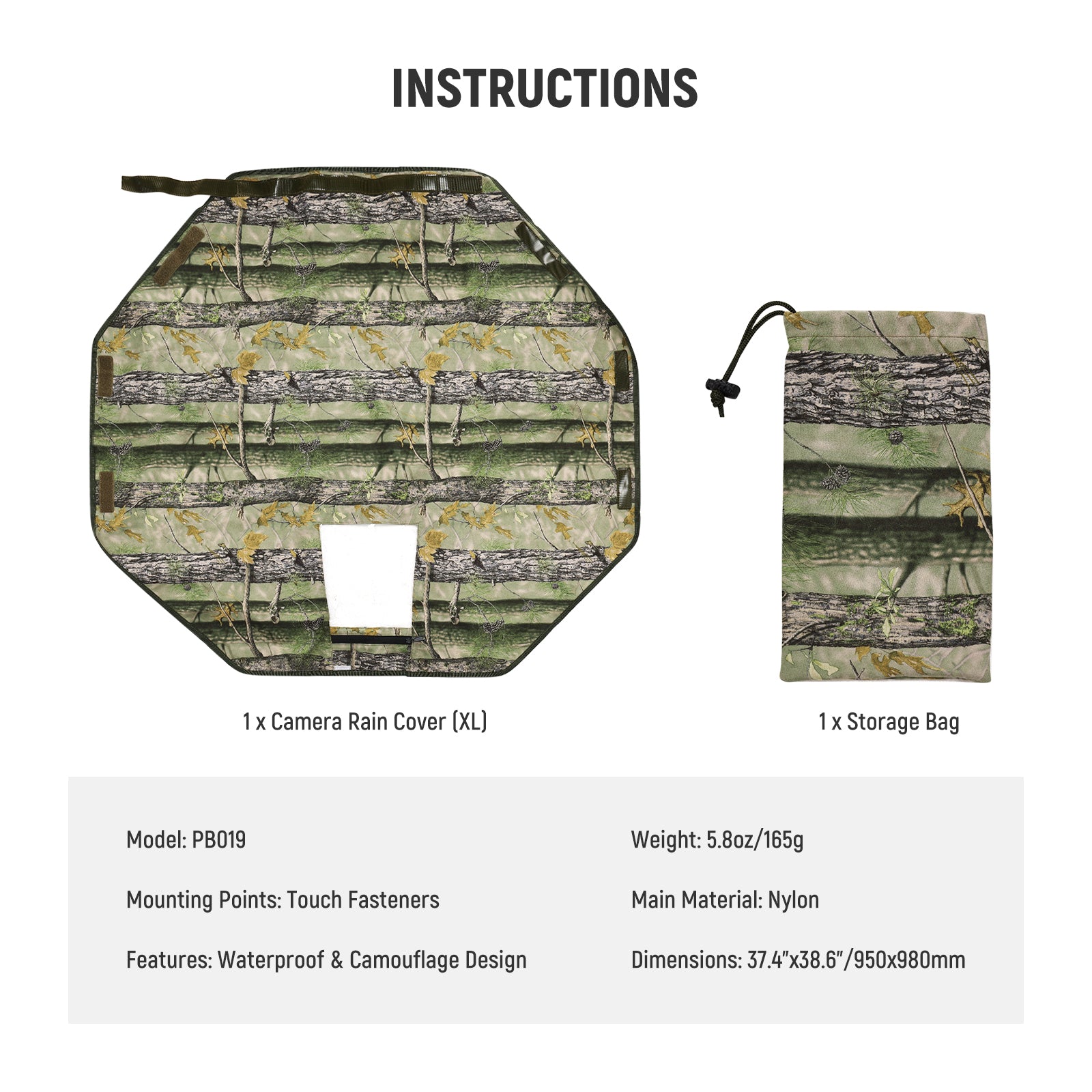 Product details of the NEEWER PB019 Camouflage Camera Rain Cover