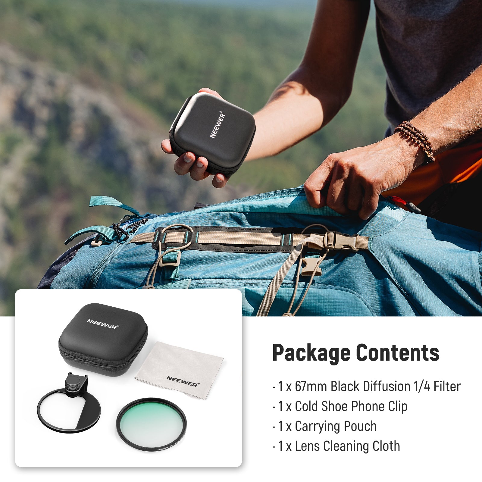 Package Contents of the NEEWER FL-88 67mm 1/4 Black Diffusion Filter & Cold Shoe Phone Clip for Phone