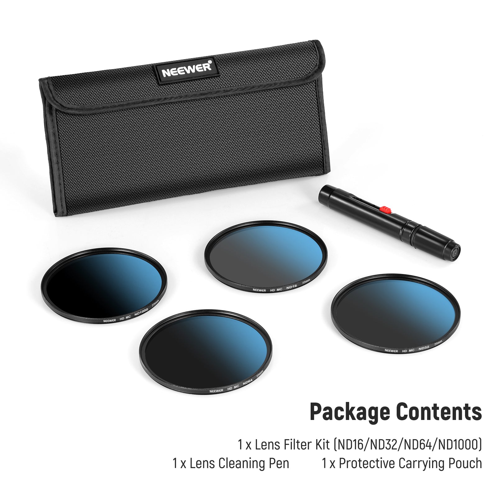 Package Contents of the NEEWER ND Lens Filter Set (ND16/ND32/ND64/ND1000)