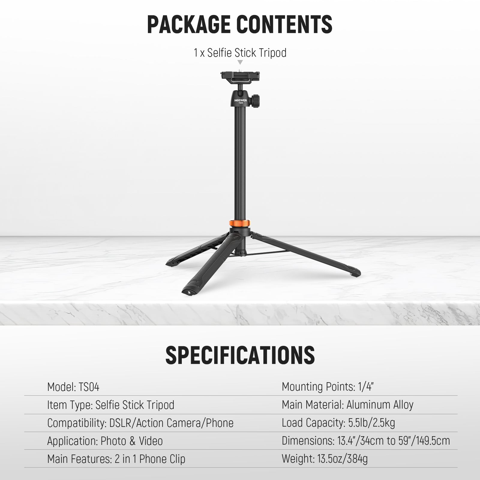 Package Contents of the NEEWER TS04 59" Versatile Selfie Stick