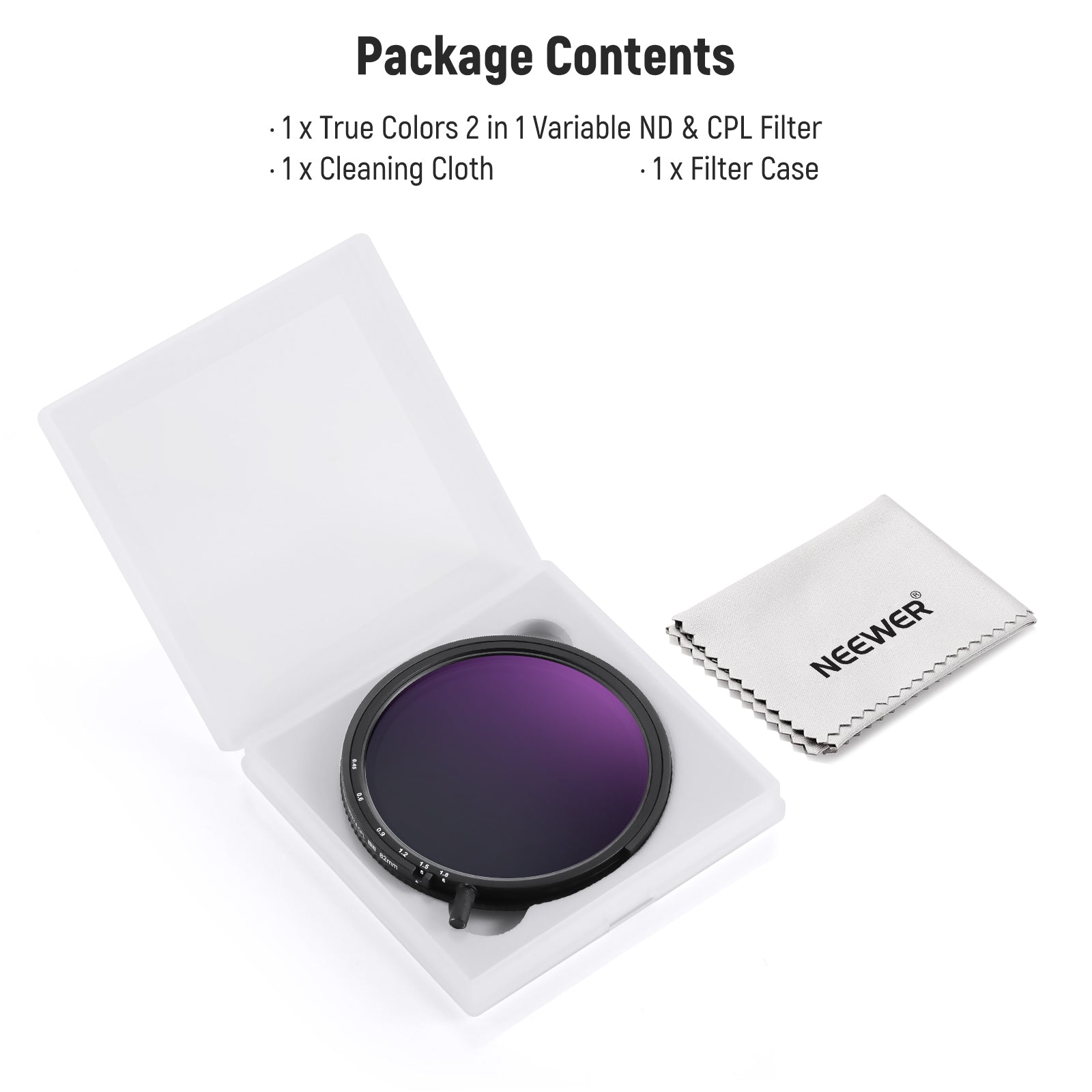 Package Contents of the NEEWER ND3-64 True Colors Variable ND&CPL Filter