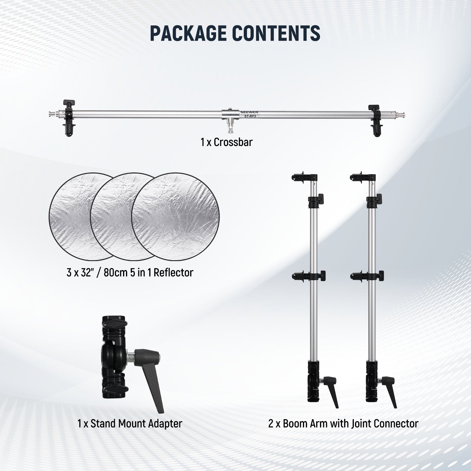 Package Contents of theNEEWER Triple Reflector Holder with 3pcs 5-in-1 Collapsible Reflector