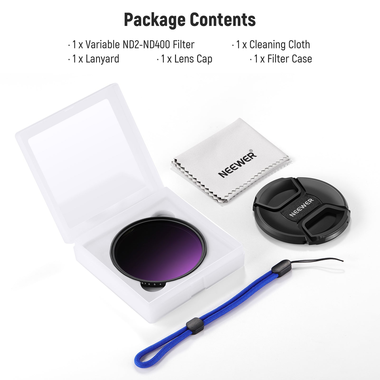 Package Contents of the NEEWER ND2-400 Variable ND Filter with Lens Cap