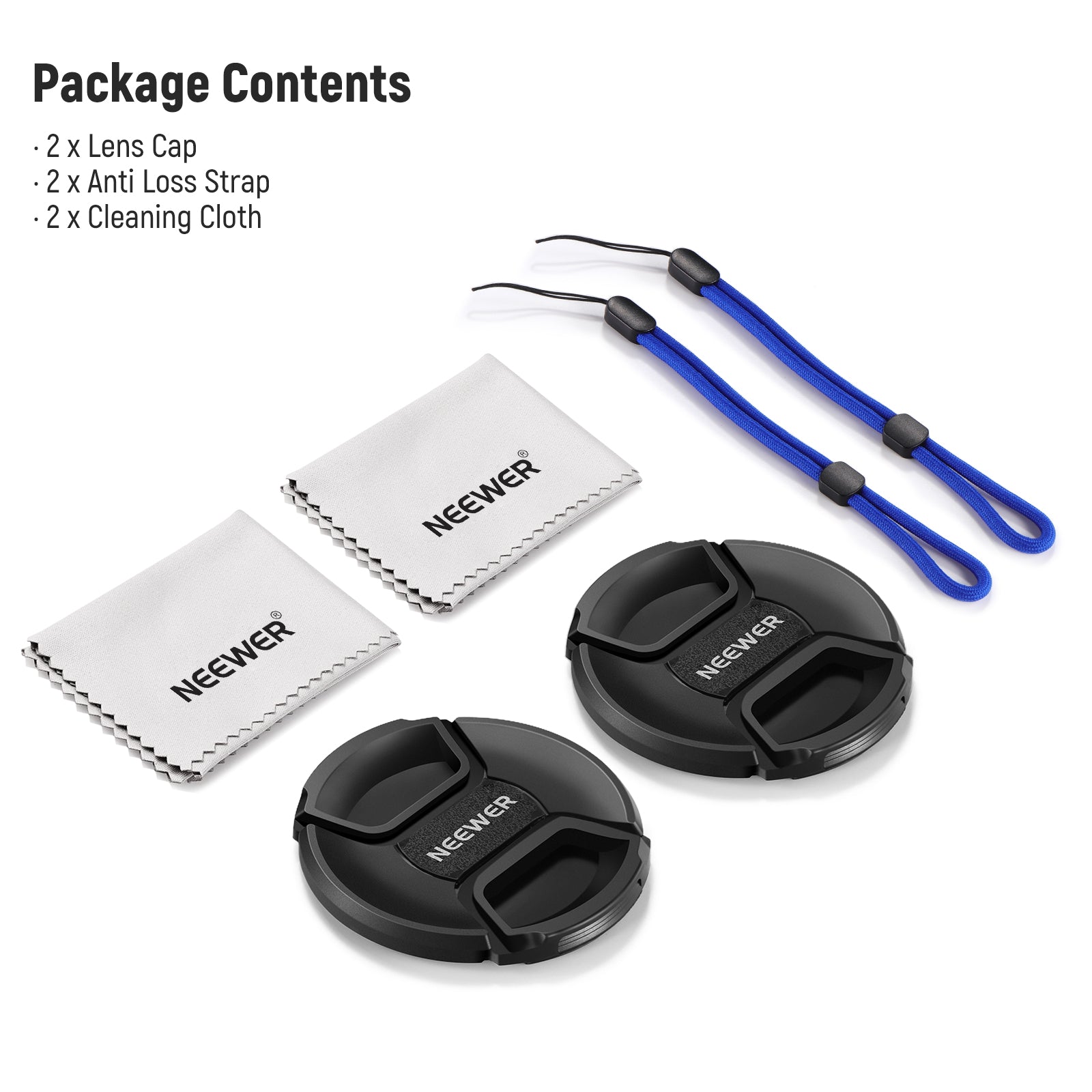 Package Contents of the NEEWER 2 Pack Camera Lens Cap Kit
