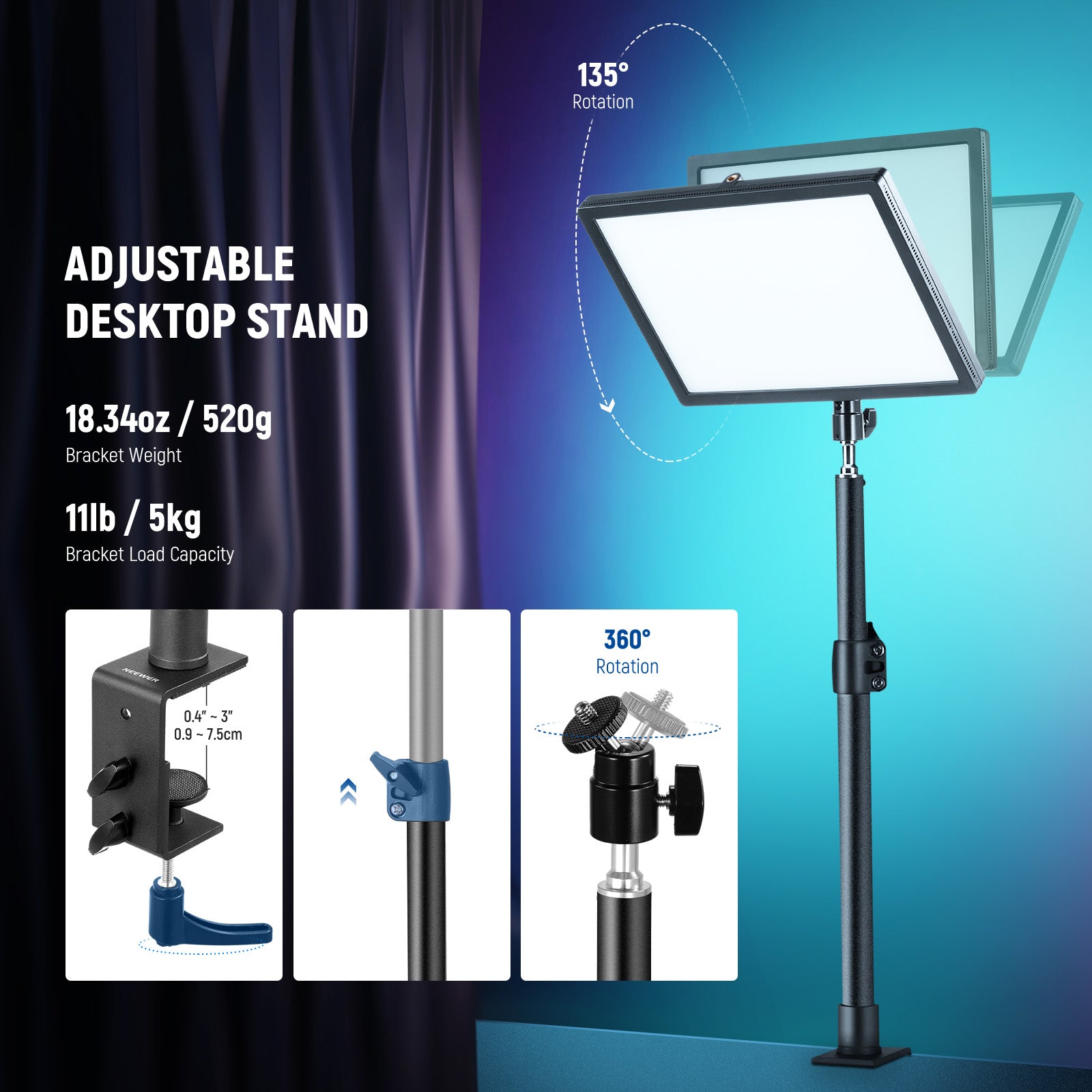 This RGB light kit includes an adjustable desktop stand.