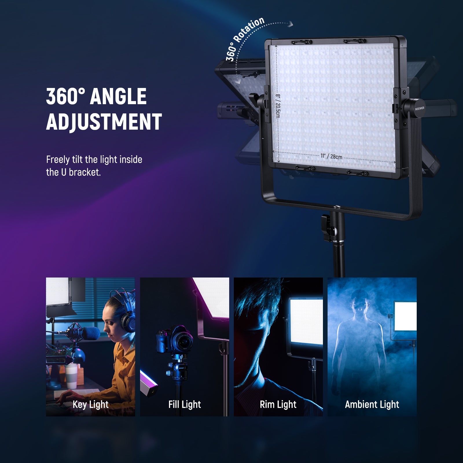 The NEEWER PL60C Professional RGB Light features 360° adjustable capabilities.