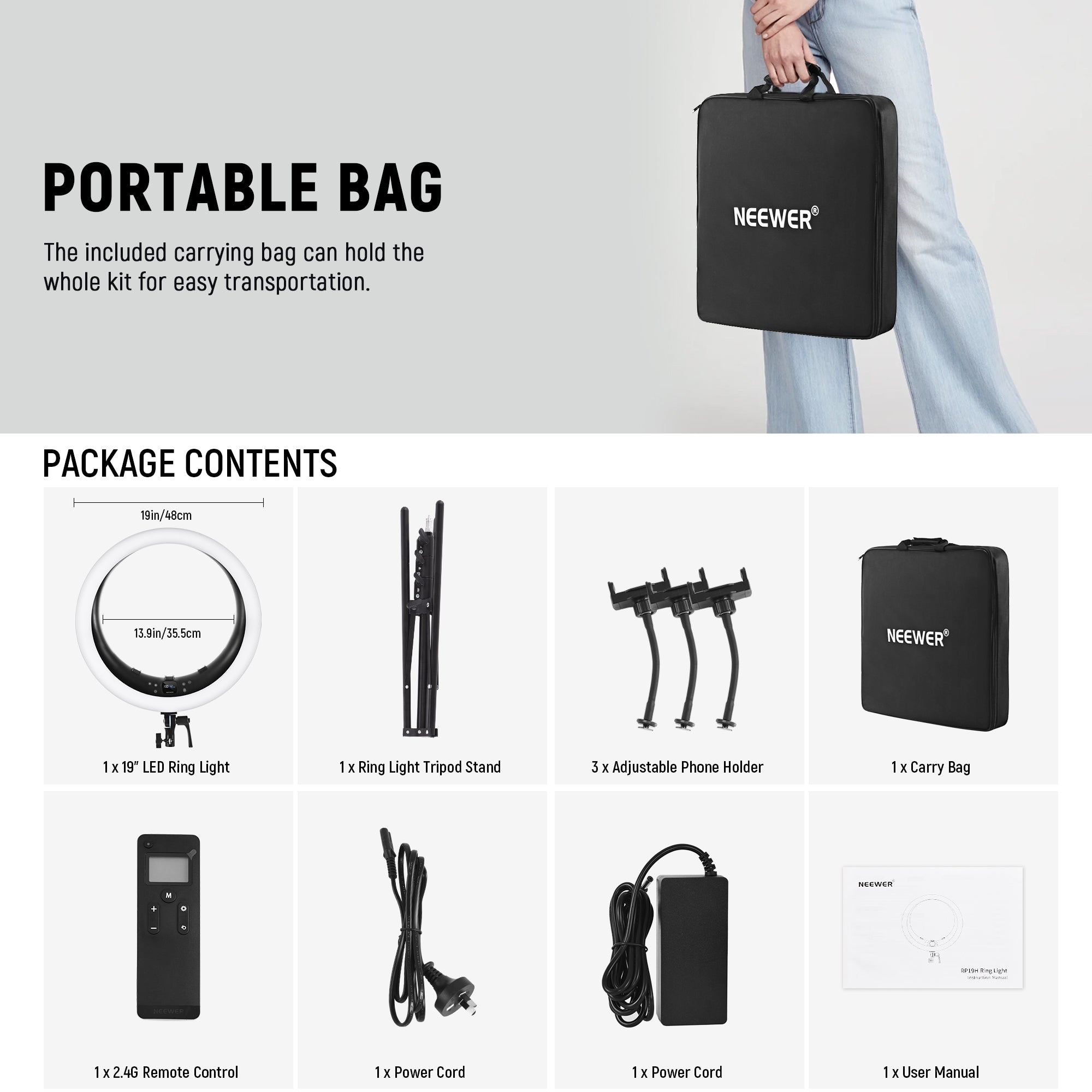 Package Contents of the NEEWER RP19H 19 Inch LED Ring Light With 3 Phone Holders & Remote Shutter kit