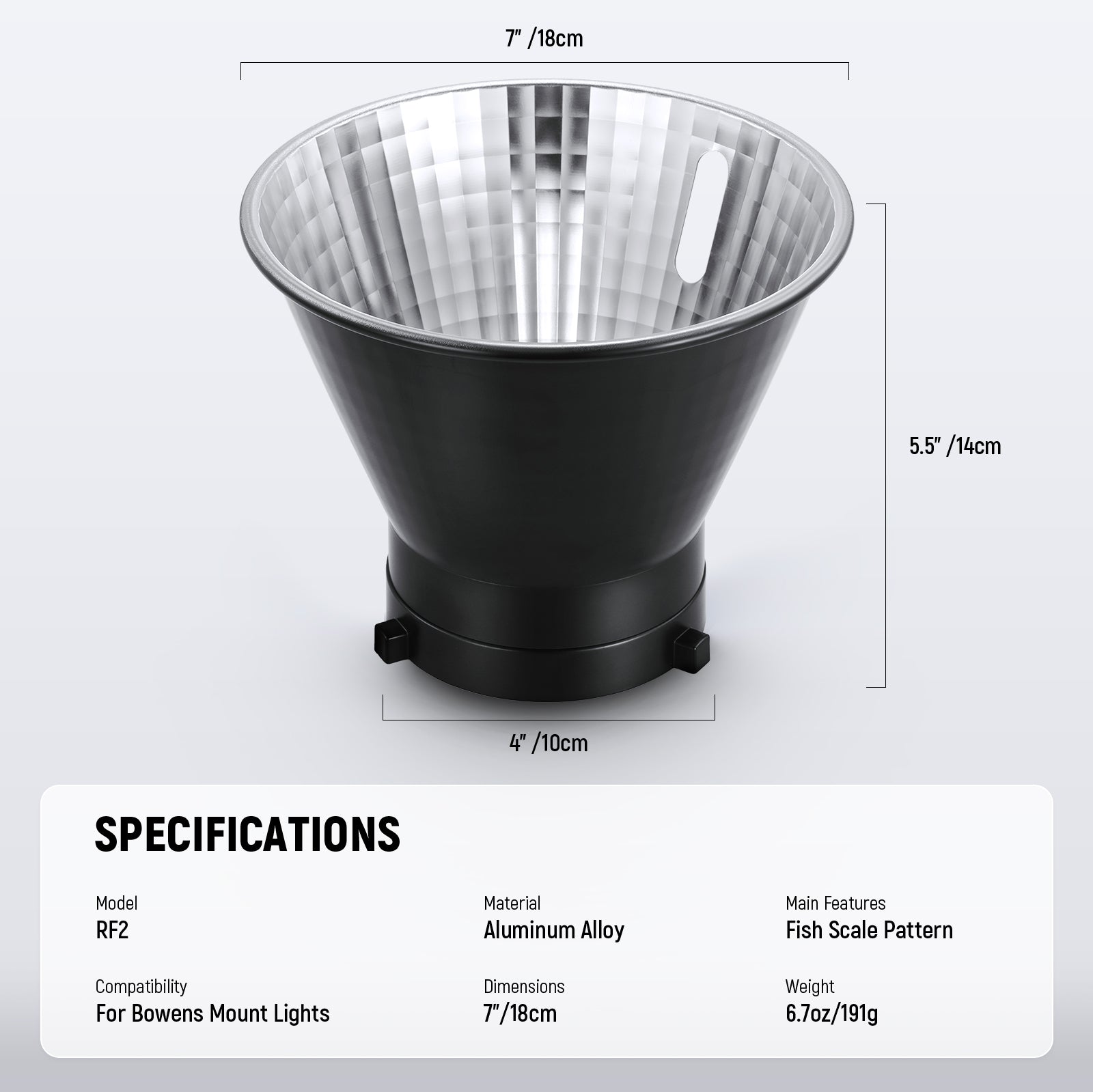 Specifications of the NEEWER RF1 Fish Scale Pattern Standard Reflector Diffuser
