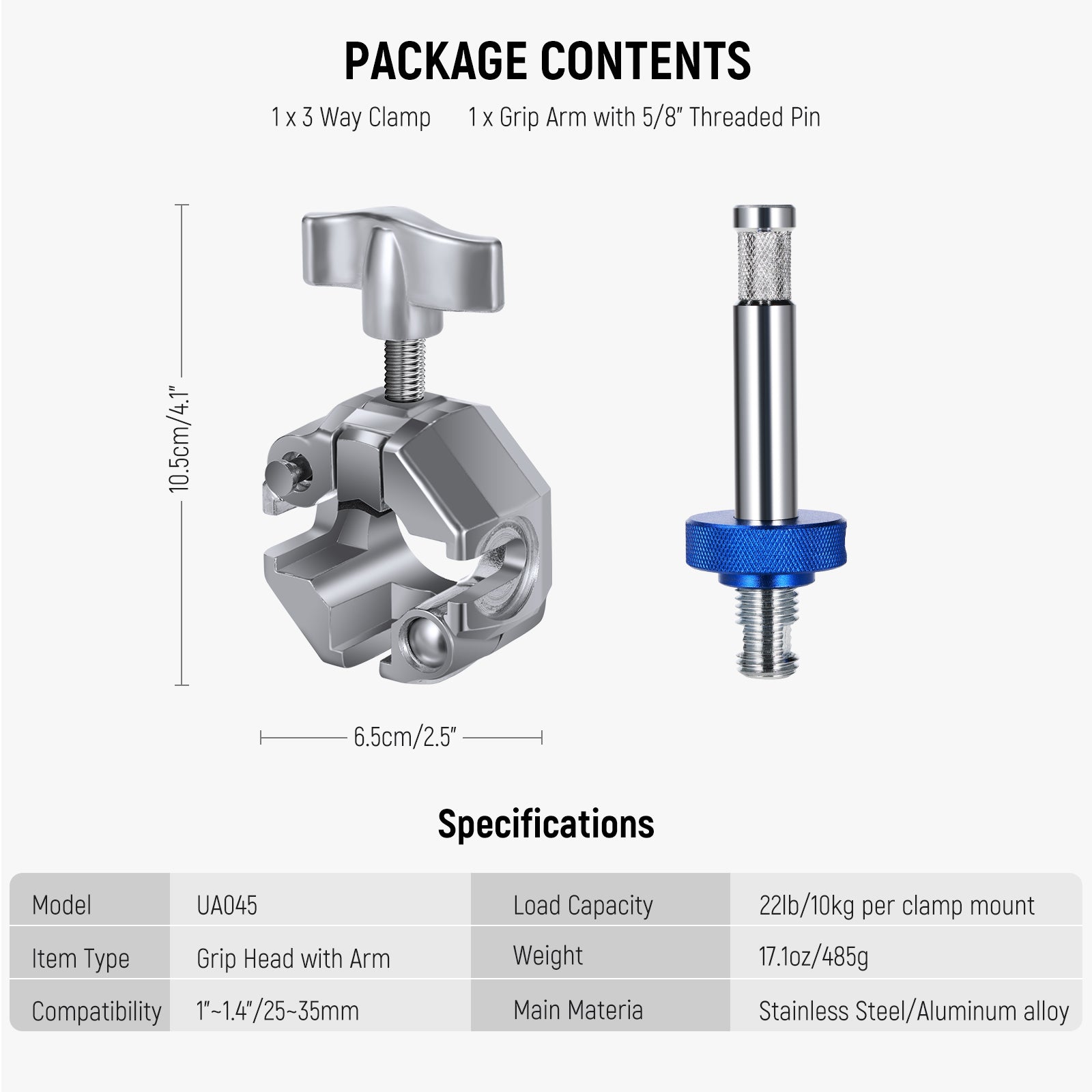Package Contents of the NEEWER UA045 3 Way Clamp for C Stand