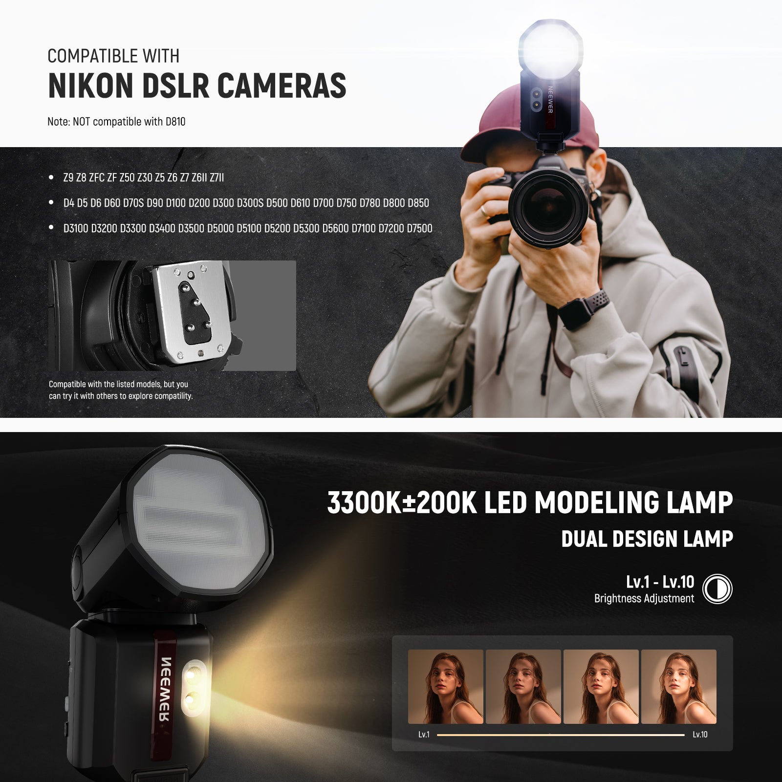 NEEWER Z3-N 100Ws TTL Flash Speedlite is compatible with Nikon Cameras