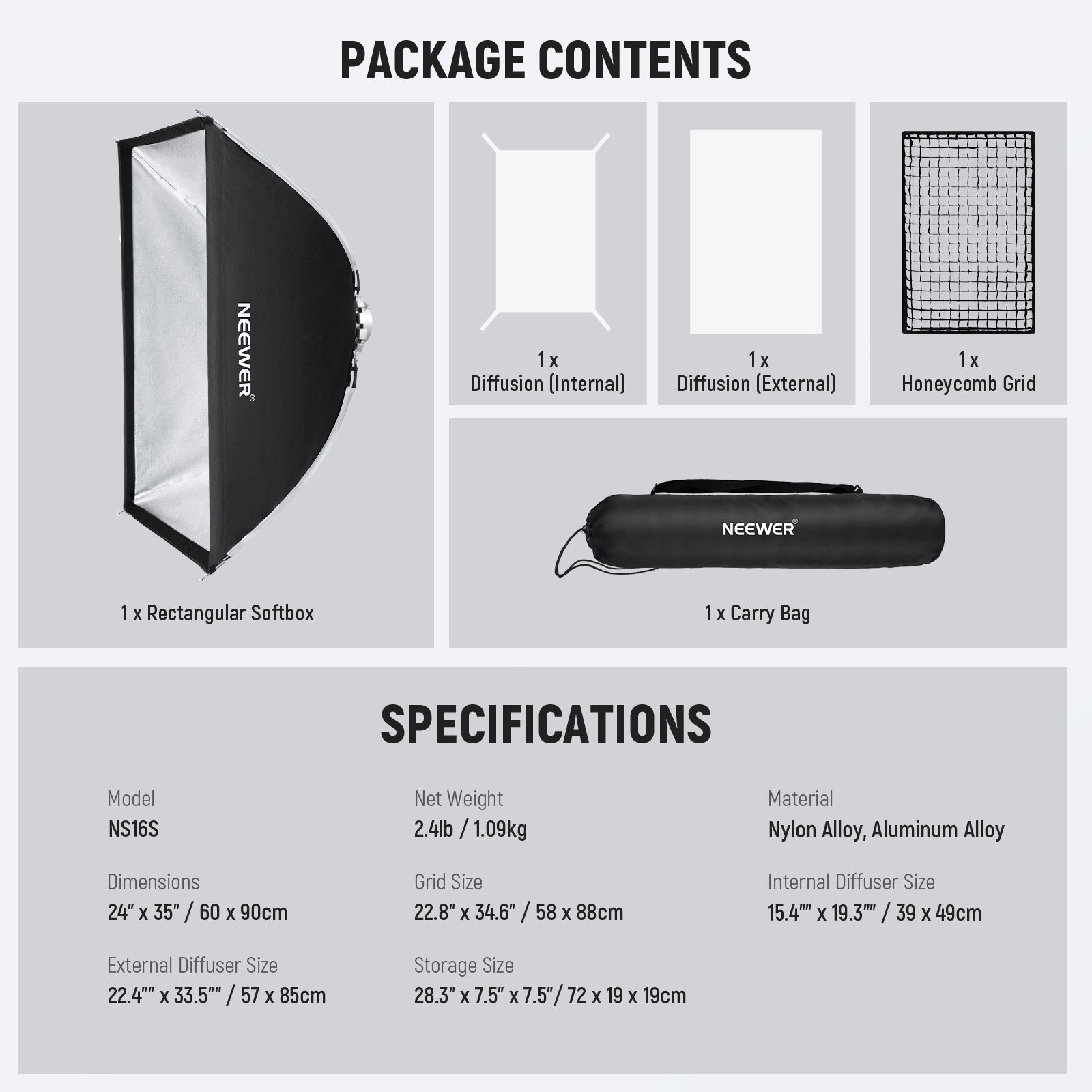 Package Contents of the NEEWER NS16S Rectangular Softbox