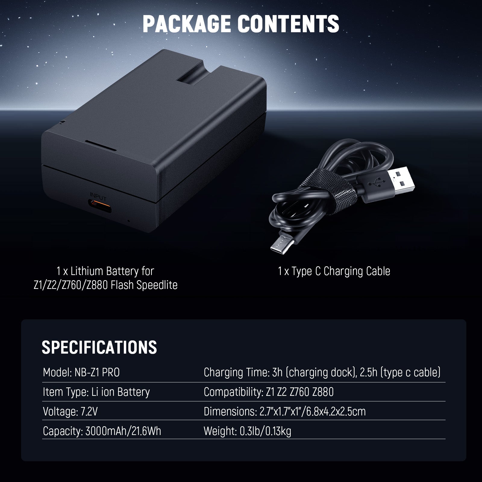 Package Contents of the NEEWER NB-Z1 PRO Replacement Li ion Battery for Flash