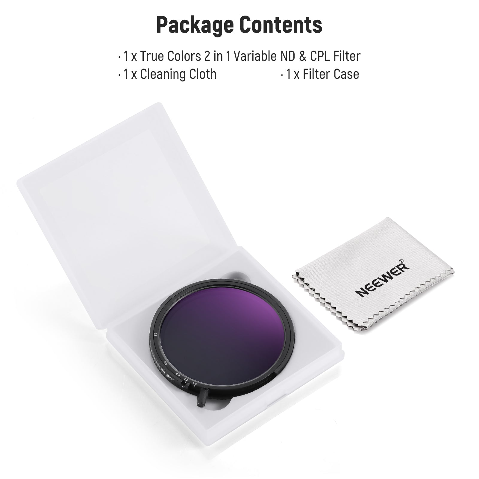 Package Contents of the NEEWER 2-in-1 True Colors Variable ND & CPL Filter