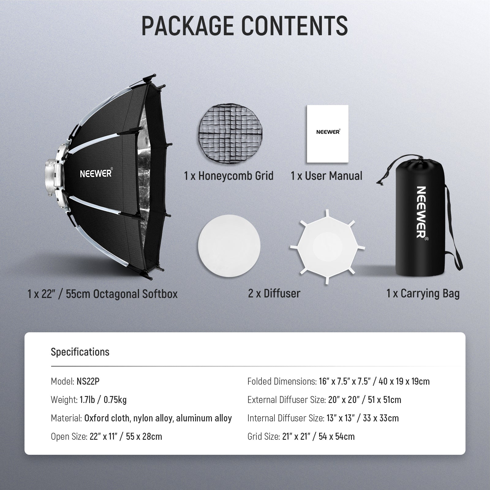 Package Contents of the NEEWER NS22P Octagonal Softbox