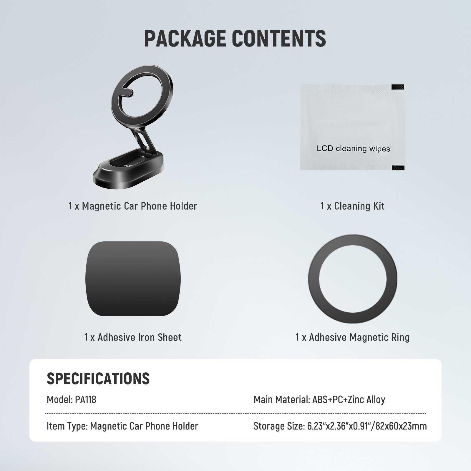 Package Contents of the NEEWER PA118 Magnetic Car Phone Holder Kit