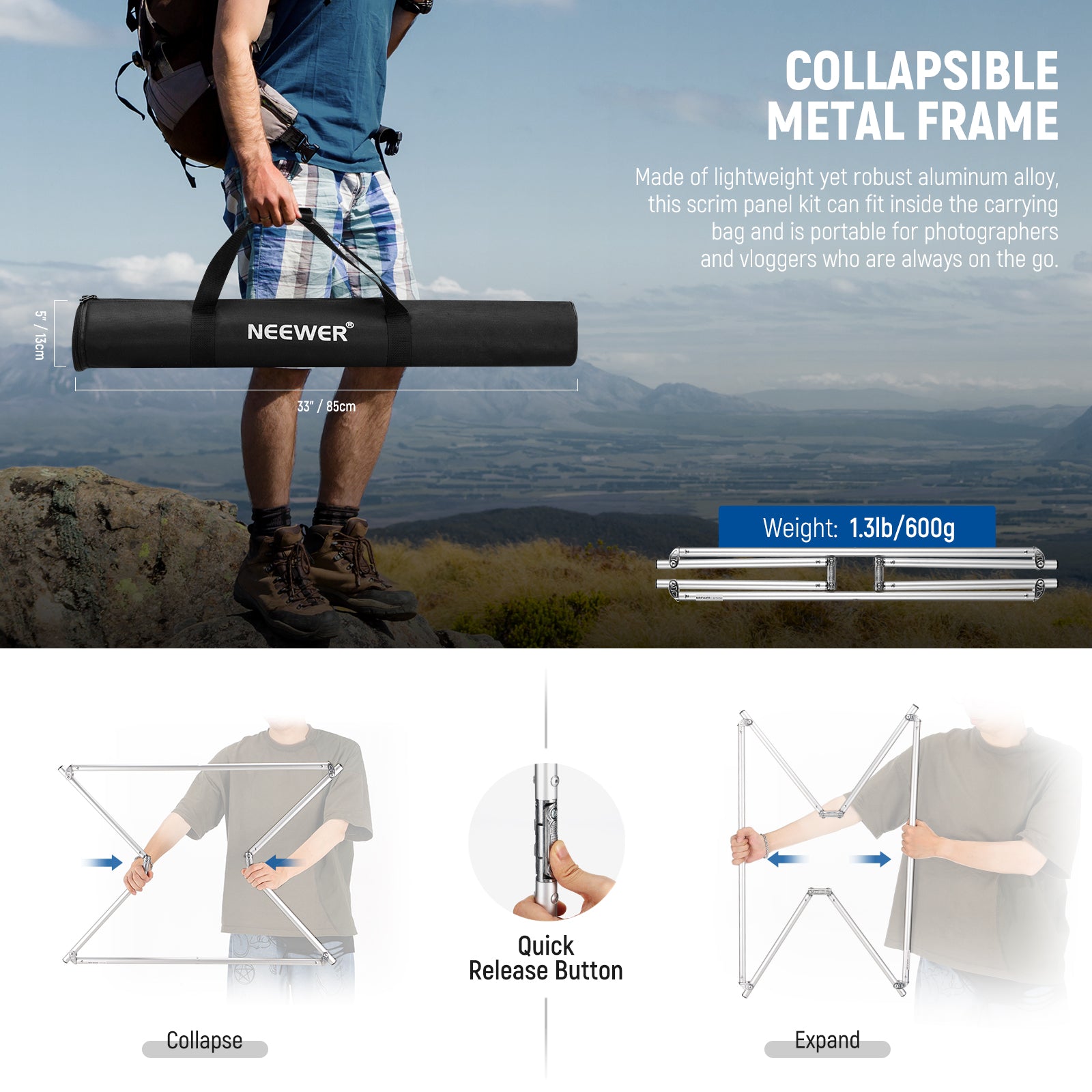 NEEWER SF7575F Light Diffuser Panel Scrim is made of lightweight yet robust aluminum alloy.