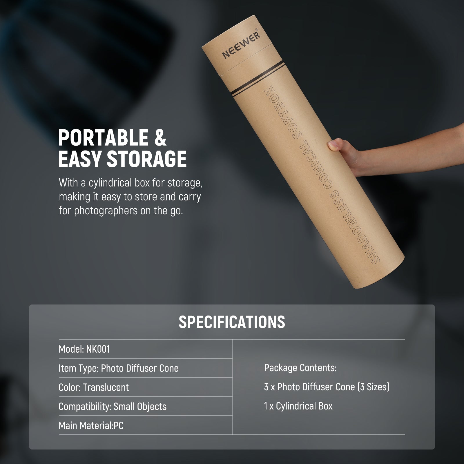 Specifications of the NEEWER NK001 Light Cone Photography Diffuser