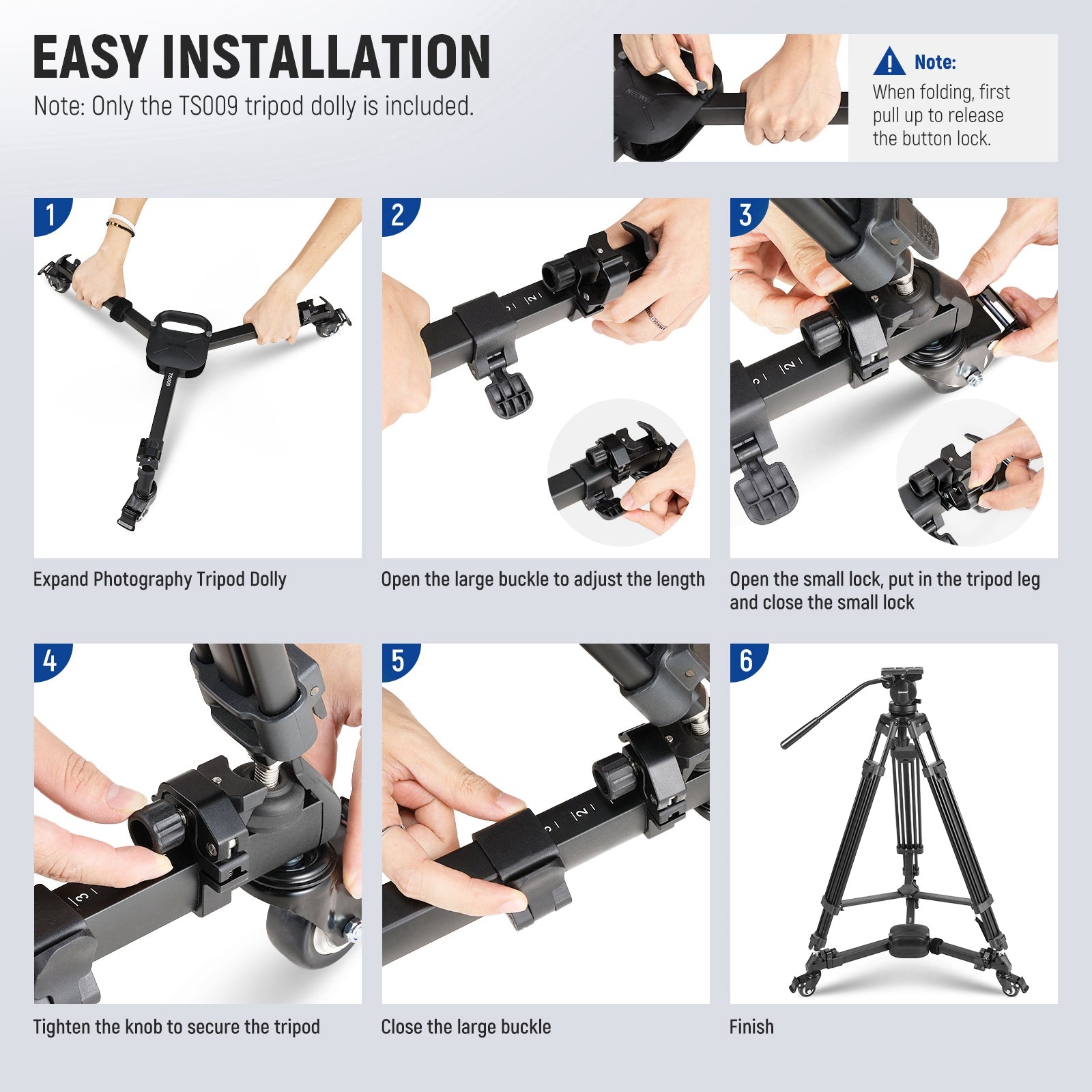 NEEWER TS009 Photography Tripod Dolly is easy to install.