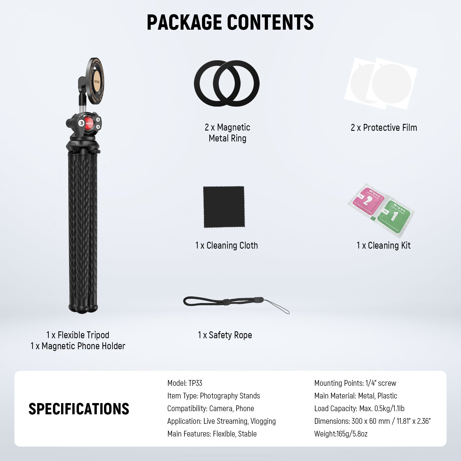 Package Contents of the NEEWER TP33 Magnetic Flexible Phone Tripod