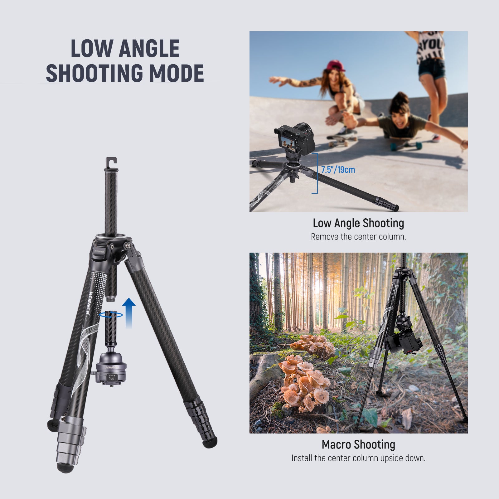 NEEWER LT32 Carbon Fiber Travel Tripod has a low angle shooting mode.