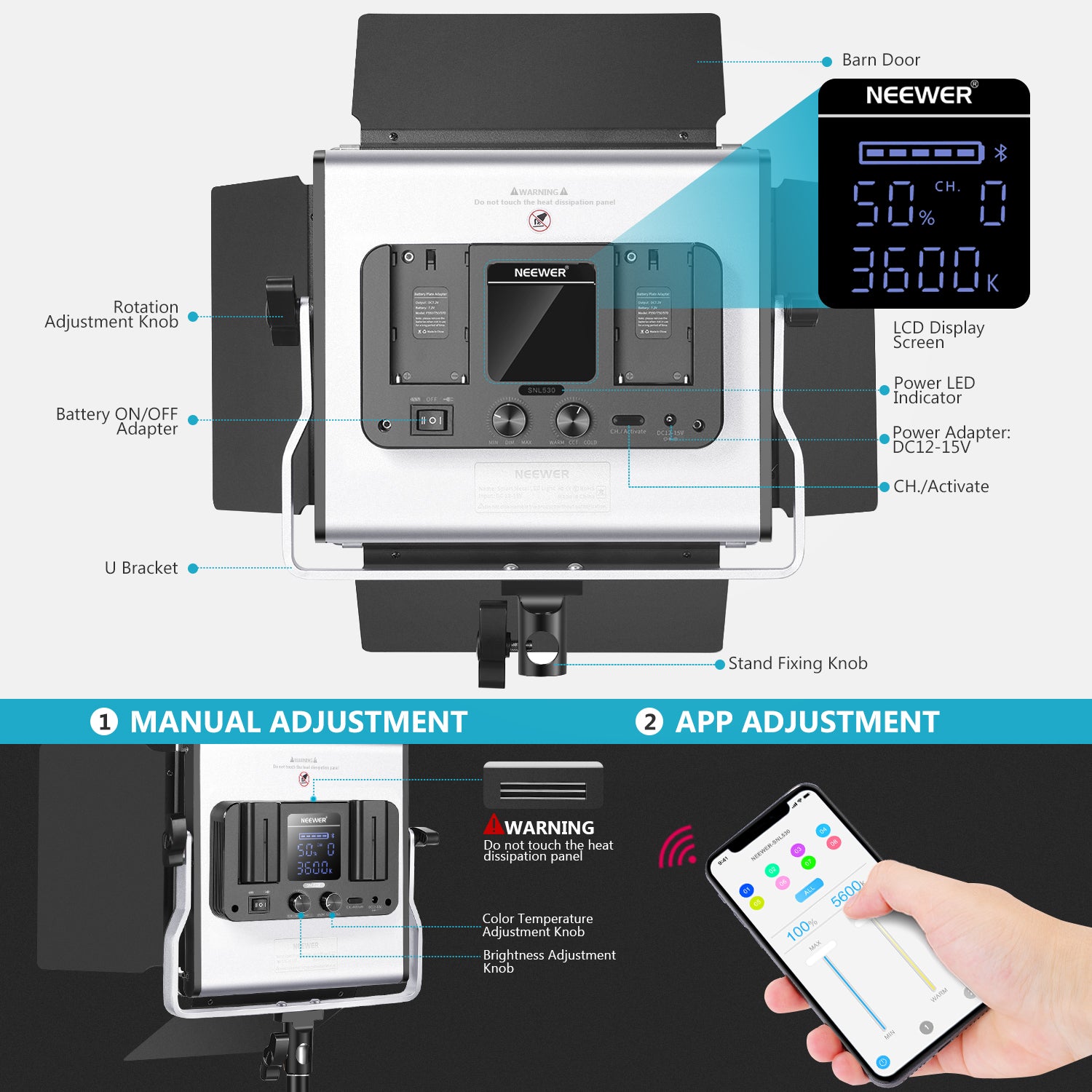 NEEWER SNL530 Bi-Color LED Video Light supports two two types of adjustment