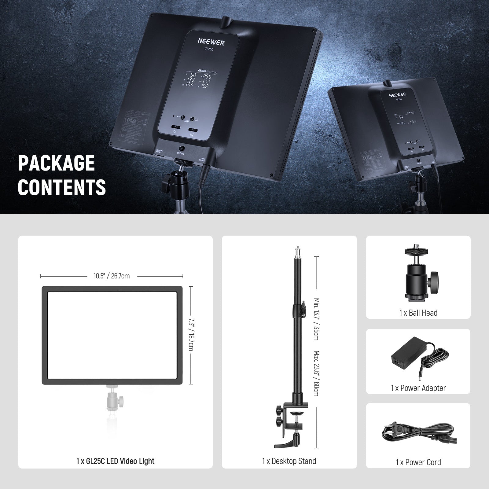 Package Contents of the NEEWER GL25C LED RGB Streaming Key Light