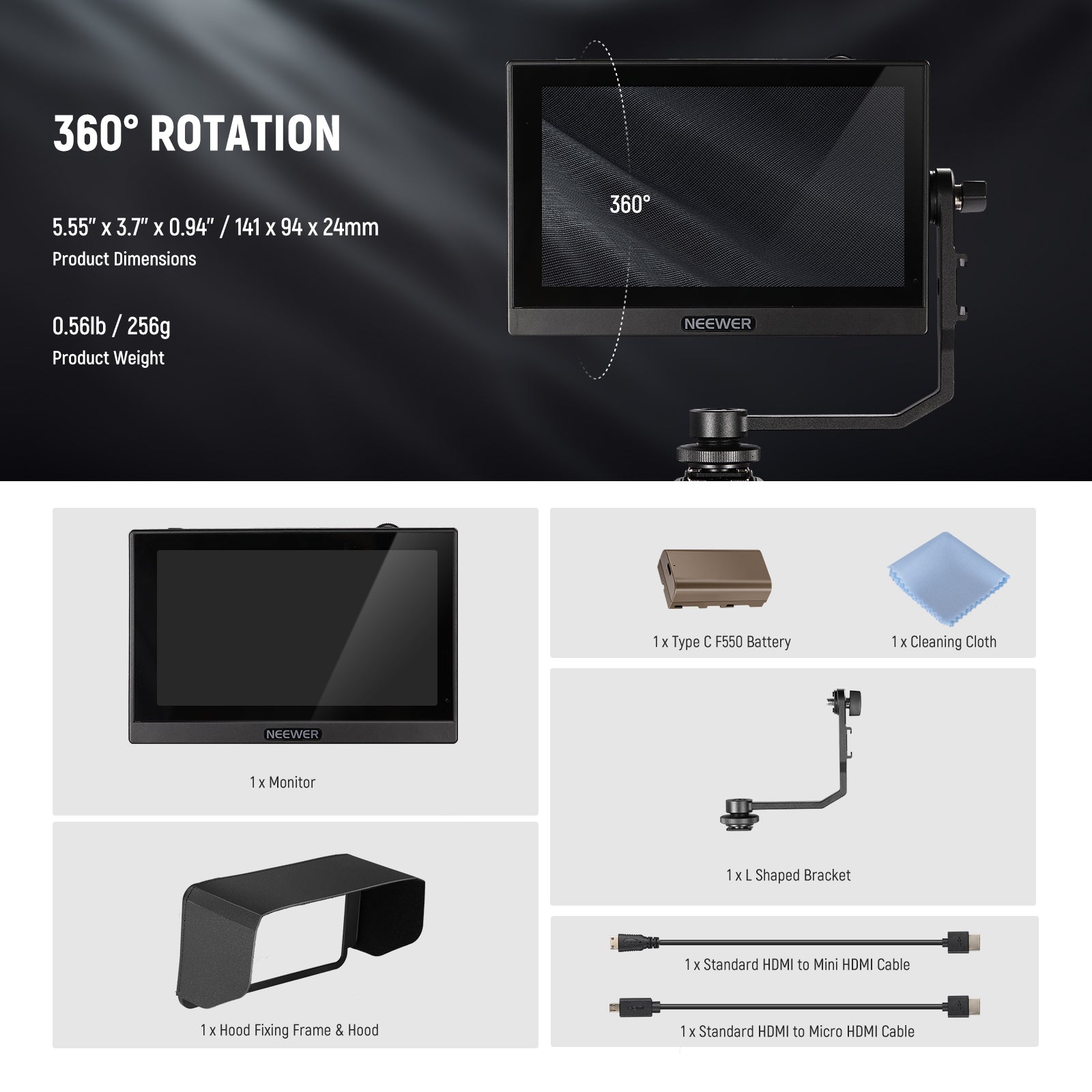 Package Contents of the NEEWER F500 External Camera Monitor Kit