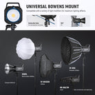 The Bowens mount is compatible with softboxes, snoots, beauty dishes, and other light shapers.