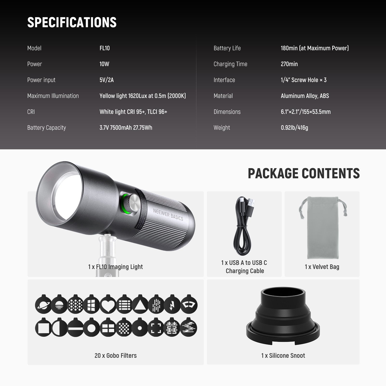 Specifications of the NEEWER FL10 Portable Photography Flashlight