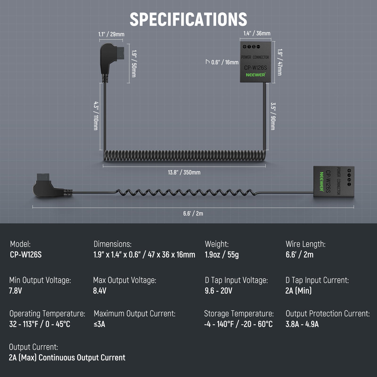 Specifications of the NEEWER CP-W126S D Tap to NP-W126S Dummy Battery