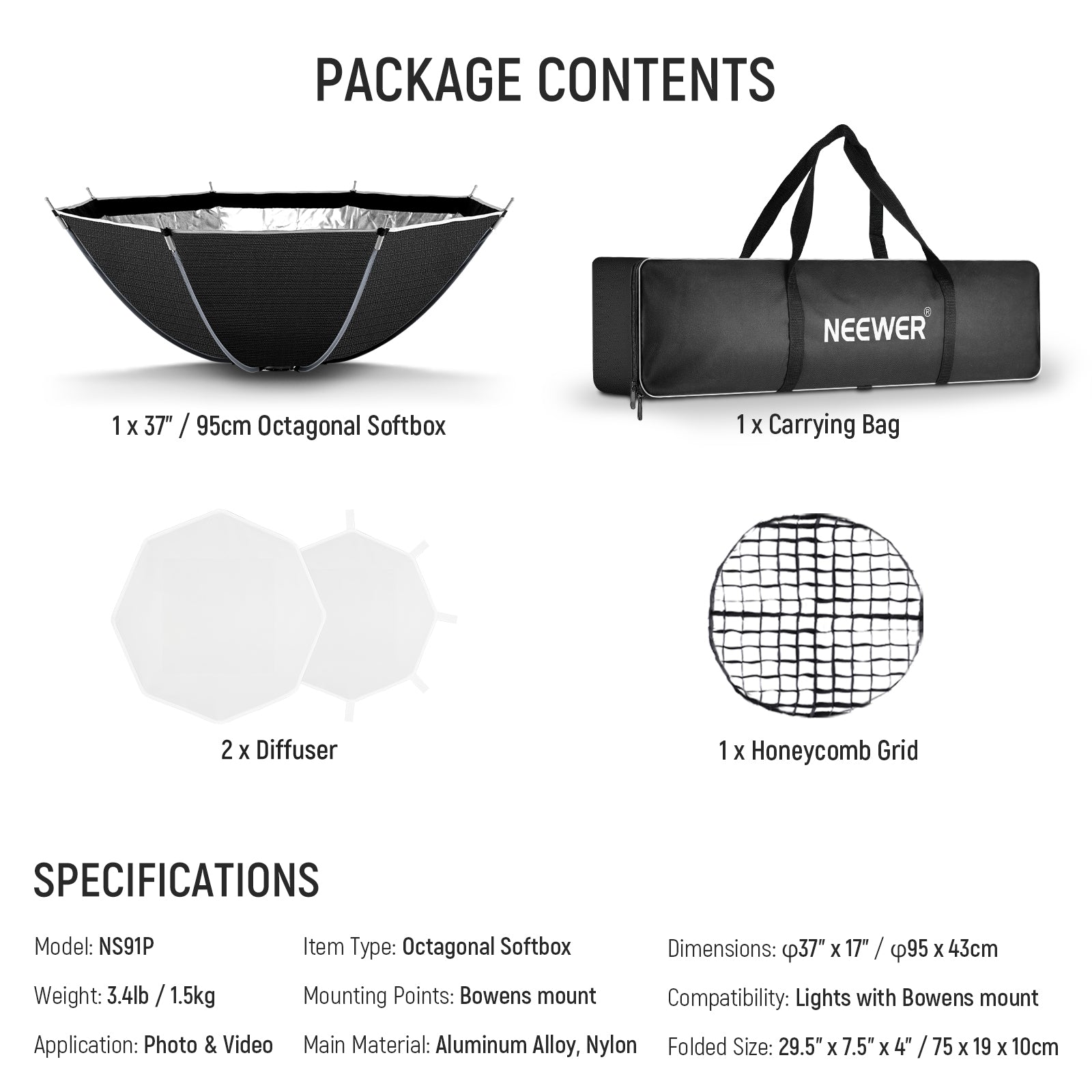 Package Contents of the NEEWER NS91P Quick Release Octagonal Softbox