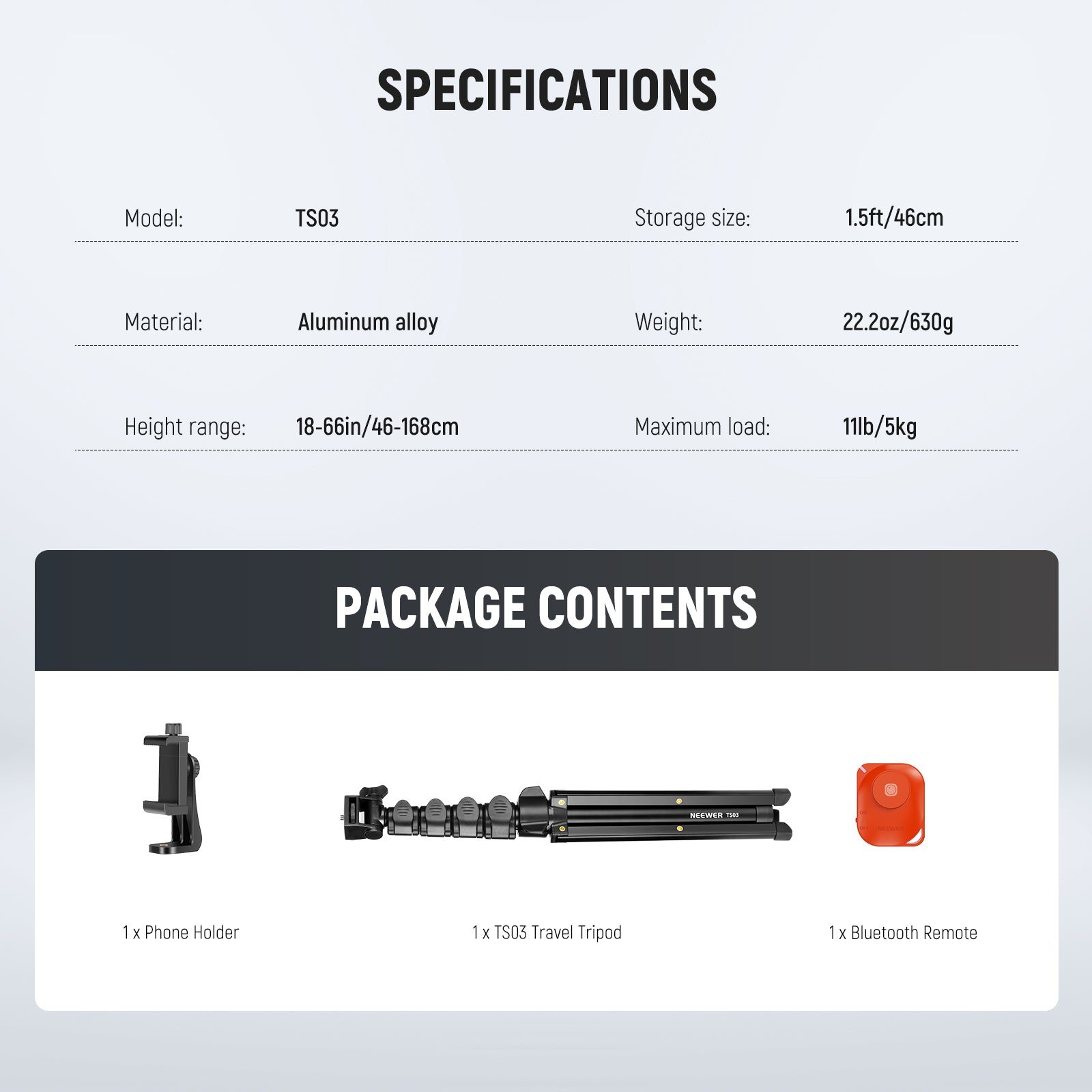Specifications of the NEEWER TS03 Travel Phone Tripod