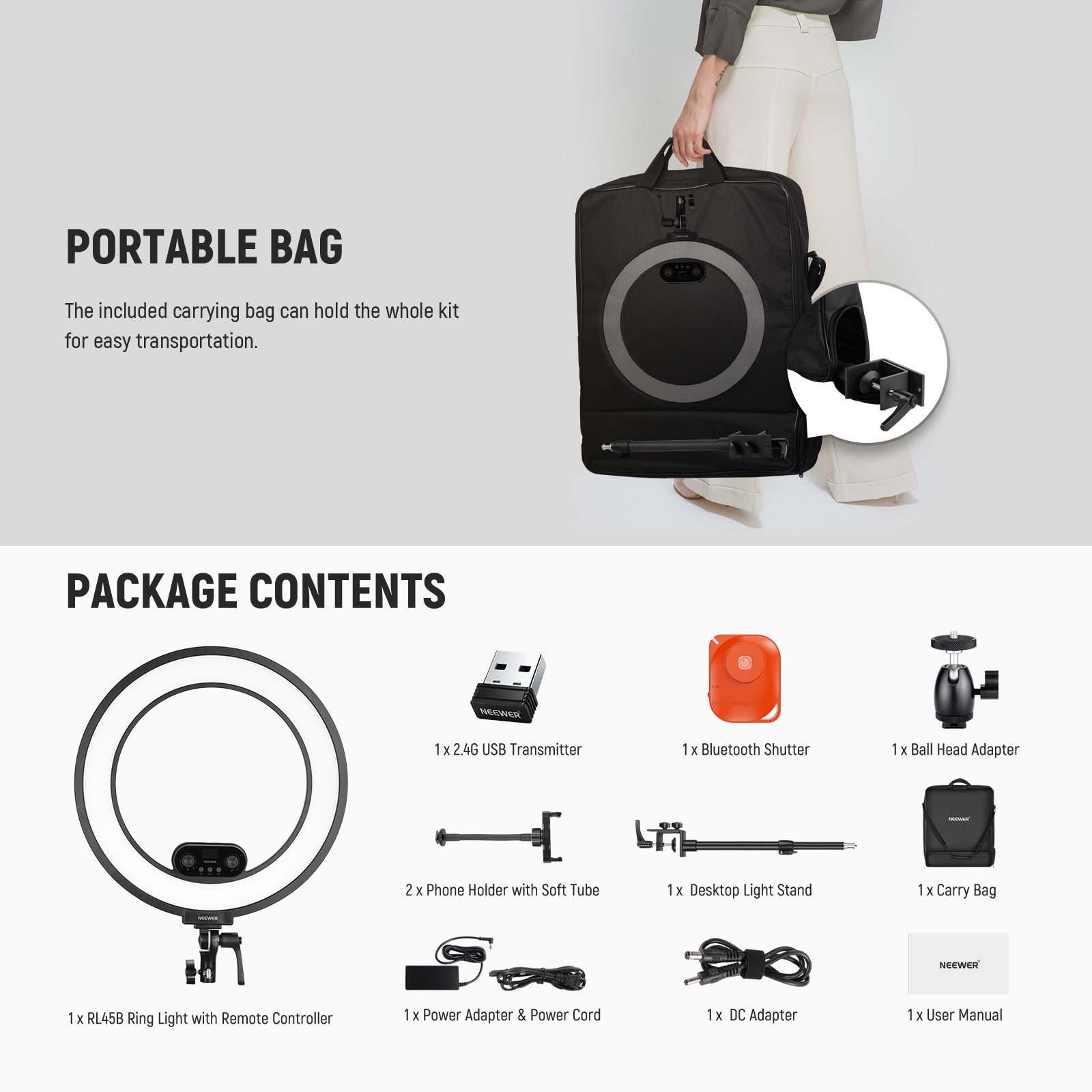 Package Contents of the NEEWER RL45B Ring Light Kit